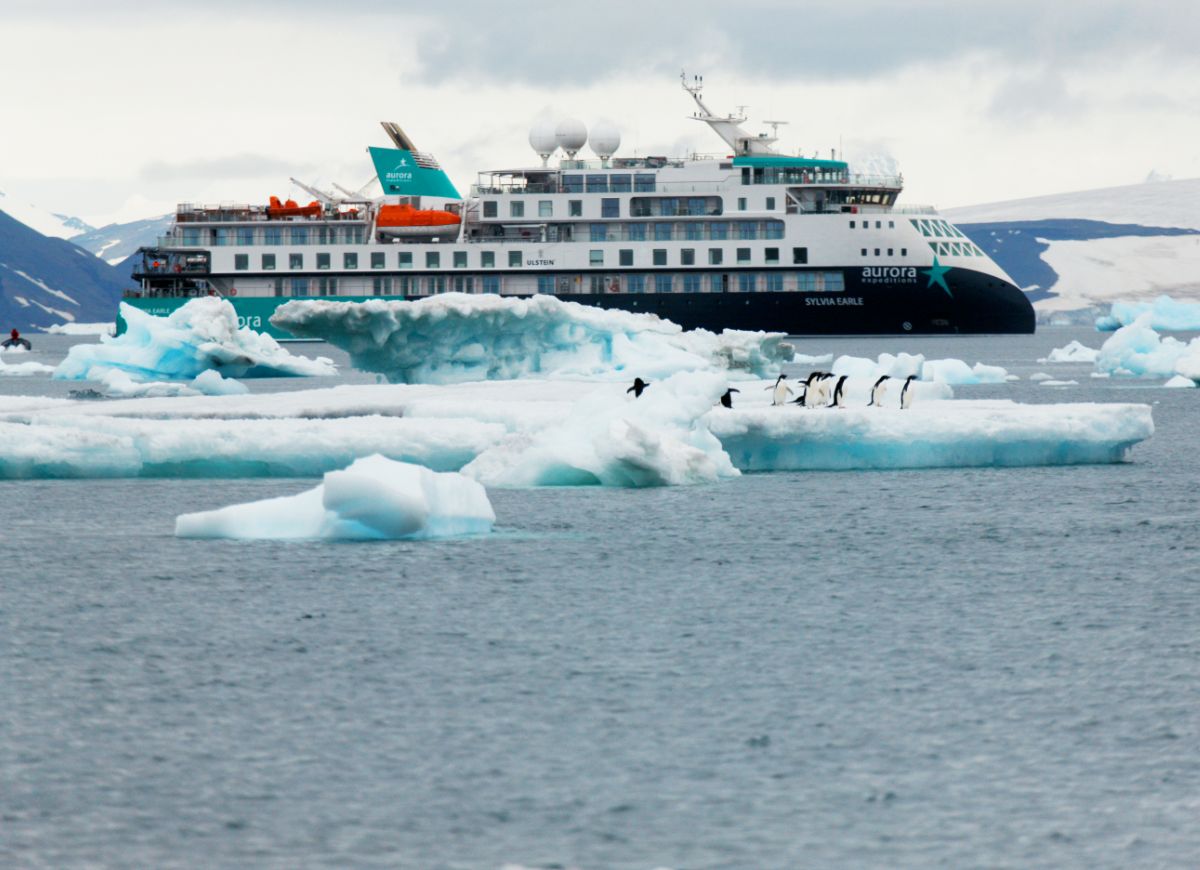 Aurora Expeditions ship with kayakers in Antarctic waters