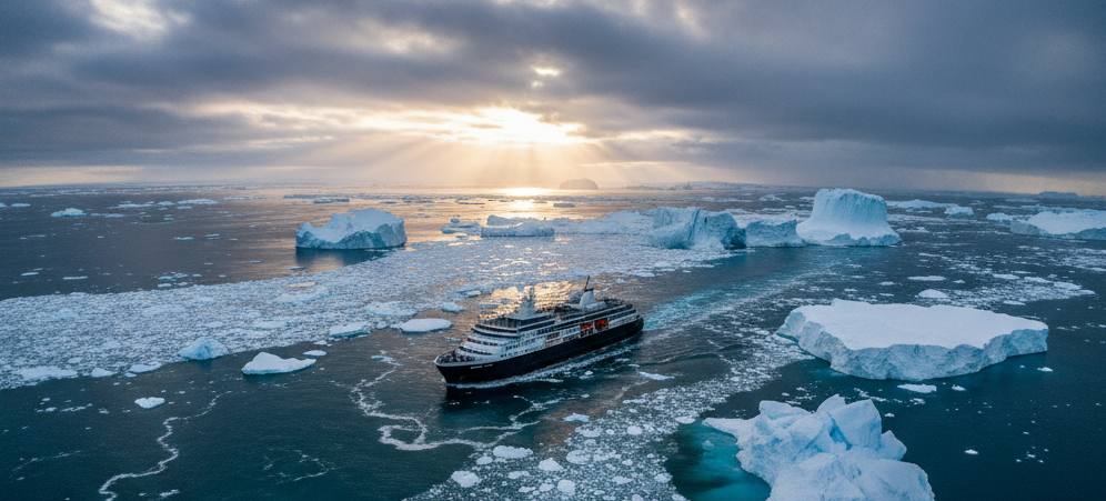 Expedition ship sailing between Antarctic icebergs